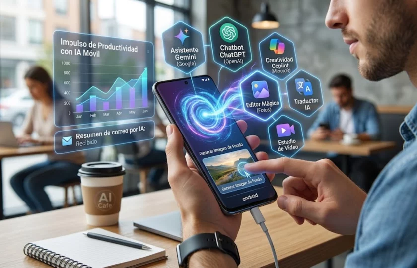 Persona utilizando aplicaciones de inteligencia artificial en un smartphone Android.