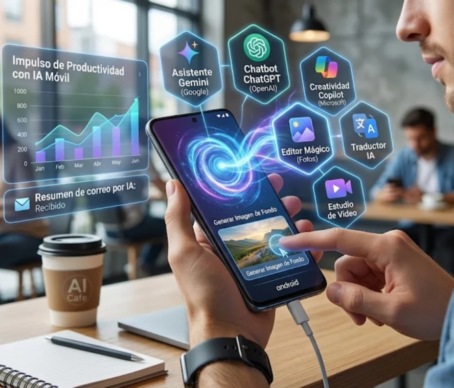 Persona utilizando aplicaciones de inteligencia artificial en un smartphone Android.