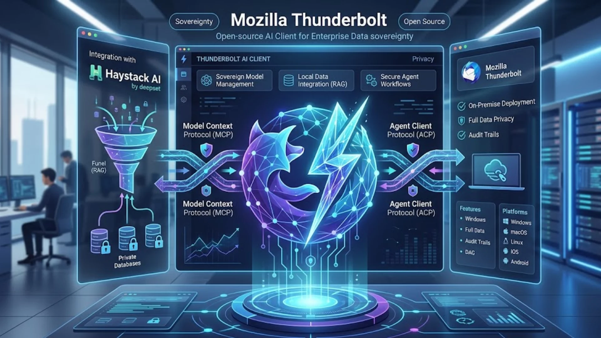 Interfaz del cliente de IA Mozilla Thunderbolt para entornos empresariales.