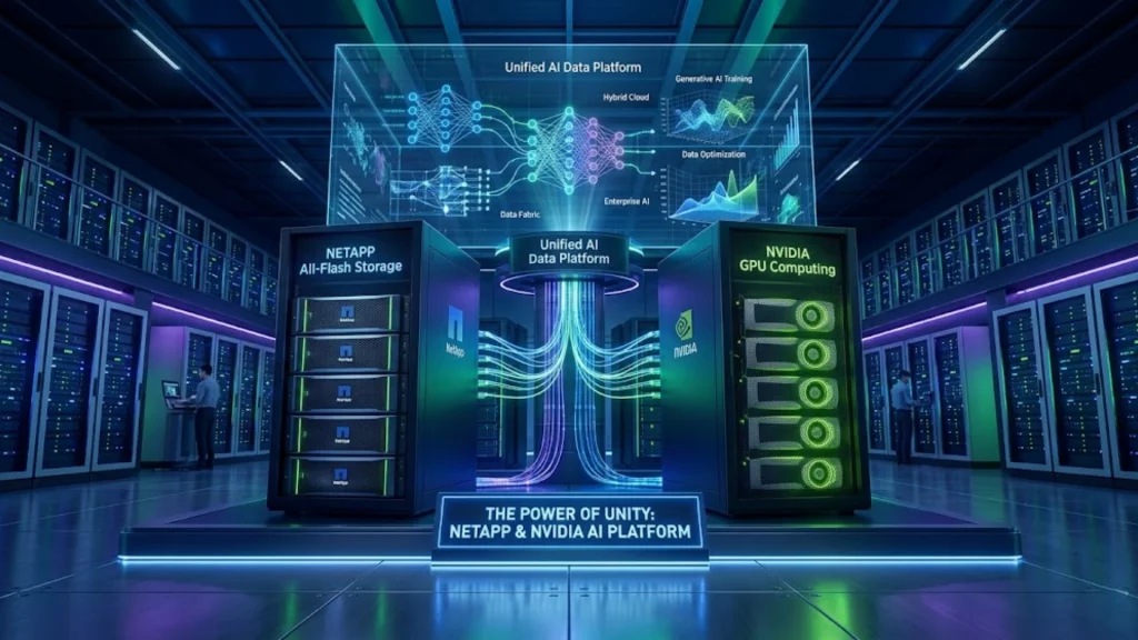 Representación tecnológica de la colaboración entre NetApp y NVIDIA para soluciones de inteligencia artificial.
