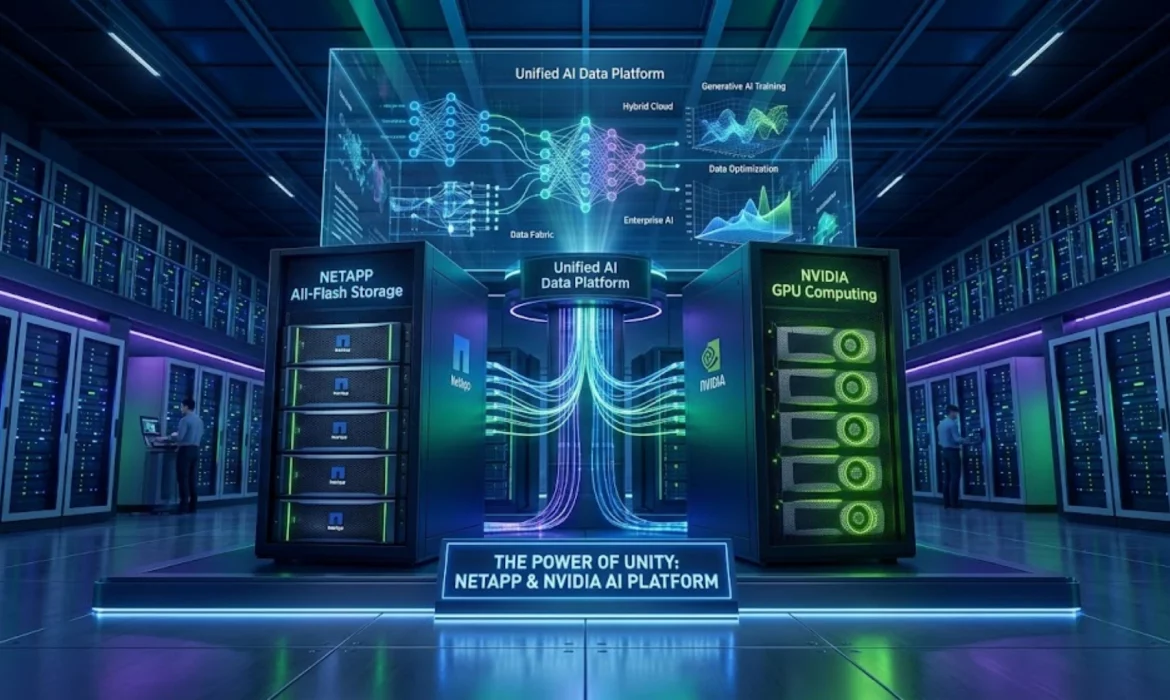 Representación tecnológica de la colaboración entre NetApp y NVIDIA para soluciones de inteligencia artificial.