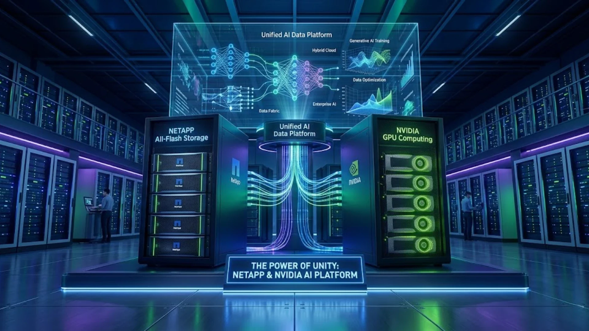 Representación tecnológica de la colaboración entre NetApp y NVIDIA para soluciones de inteligencia artificial.