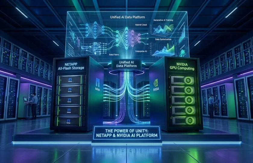 Representación tecnológica de la colaboración entre NetApp y NVIDIA para soluciones de inteligencia artificial.