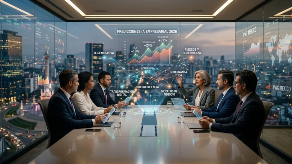 Directivos analizando predicciones de inteligencia artificial para el año 2026 en una sala de juntas moderna.