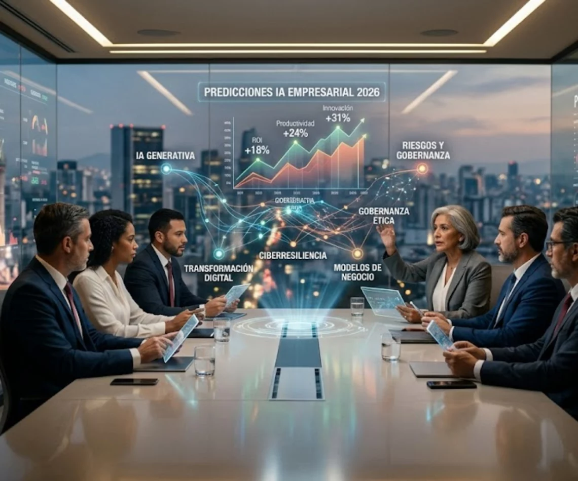 Directivos analizando predicciones de inteligencia artificial para el año 2026 en una sala de juntas moderna.