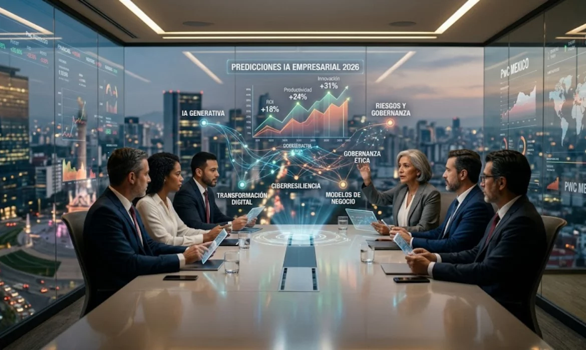 Directivos analizando predicciones de inteligencia artificial para el año 2026 en una sala de juntas moderna.