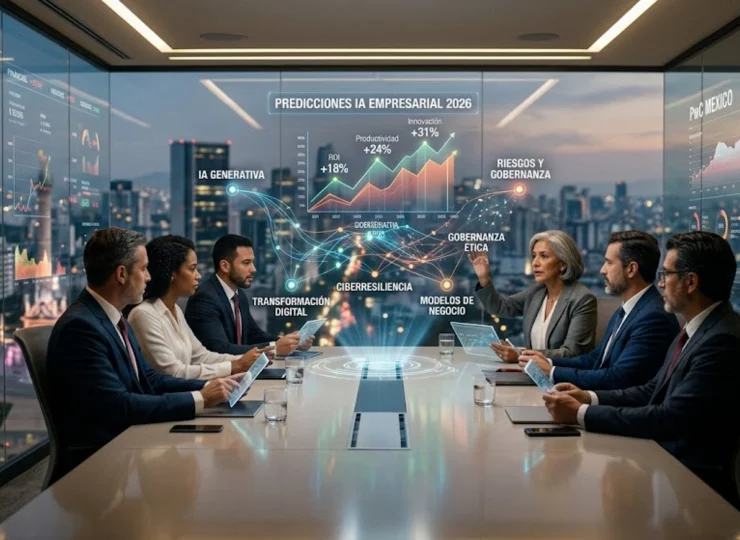 Directivos analizando predicciones de inteligencia artificial para el año 2026 en una sala de juntas moderna.