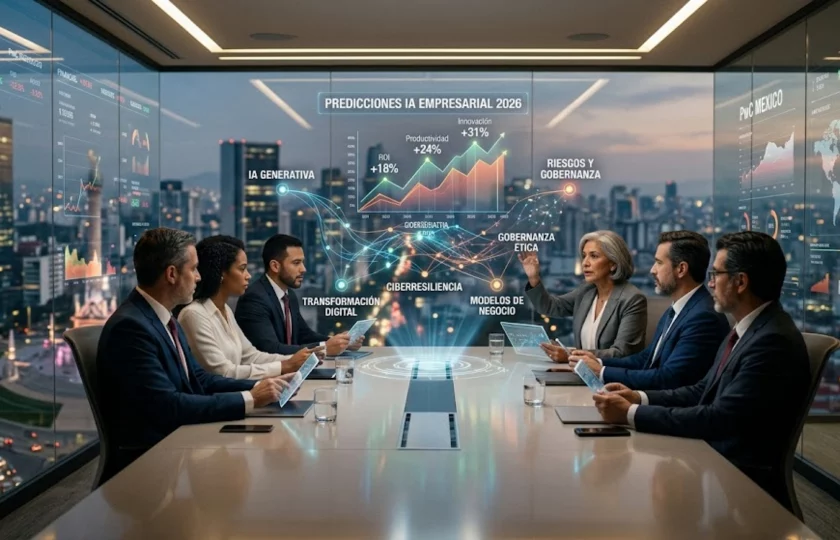 Directivos analizando predicciones de inteligencia artificial para el año 2026 en una sala de juntas moderna.