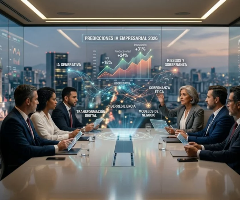 Directivos analizando predicciones de inteligencia artificial para el año 2026 en una sala de juntas moderna.