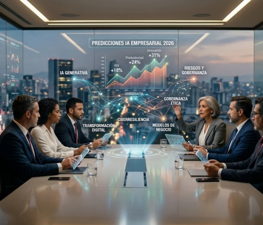 Directivos analizando predicciones de inteligencia artificial para el año 2026 en una sala de juntas moderna.