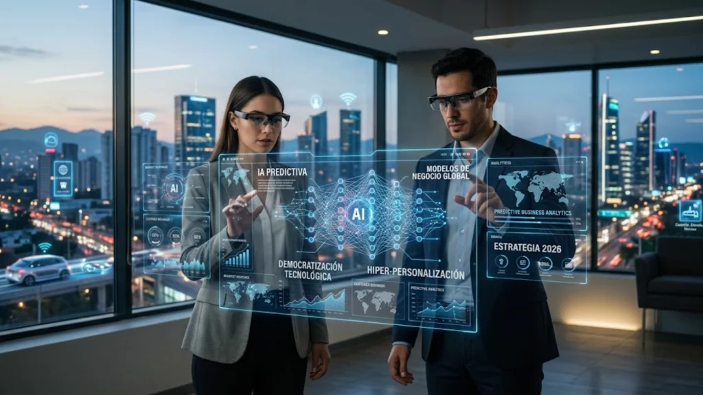 Emprendedor utilizando herramientas de inteligencia artificial avanzada en 2026