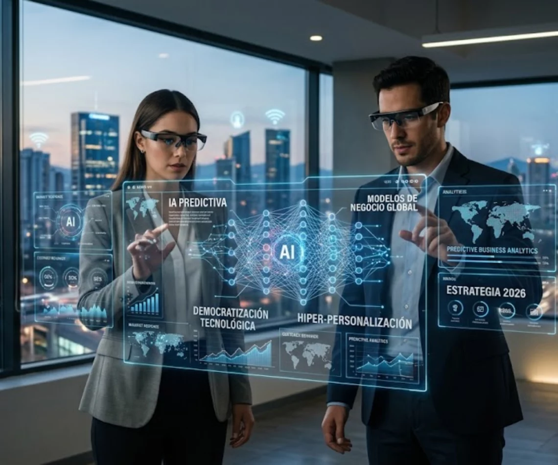 Emprendedor utilizando herramientas de inteligencia artificial avanzada en 2026