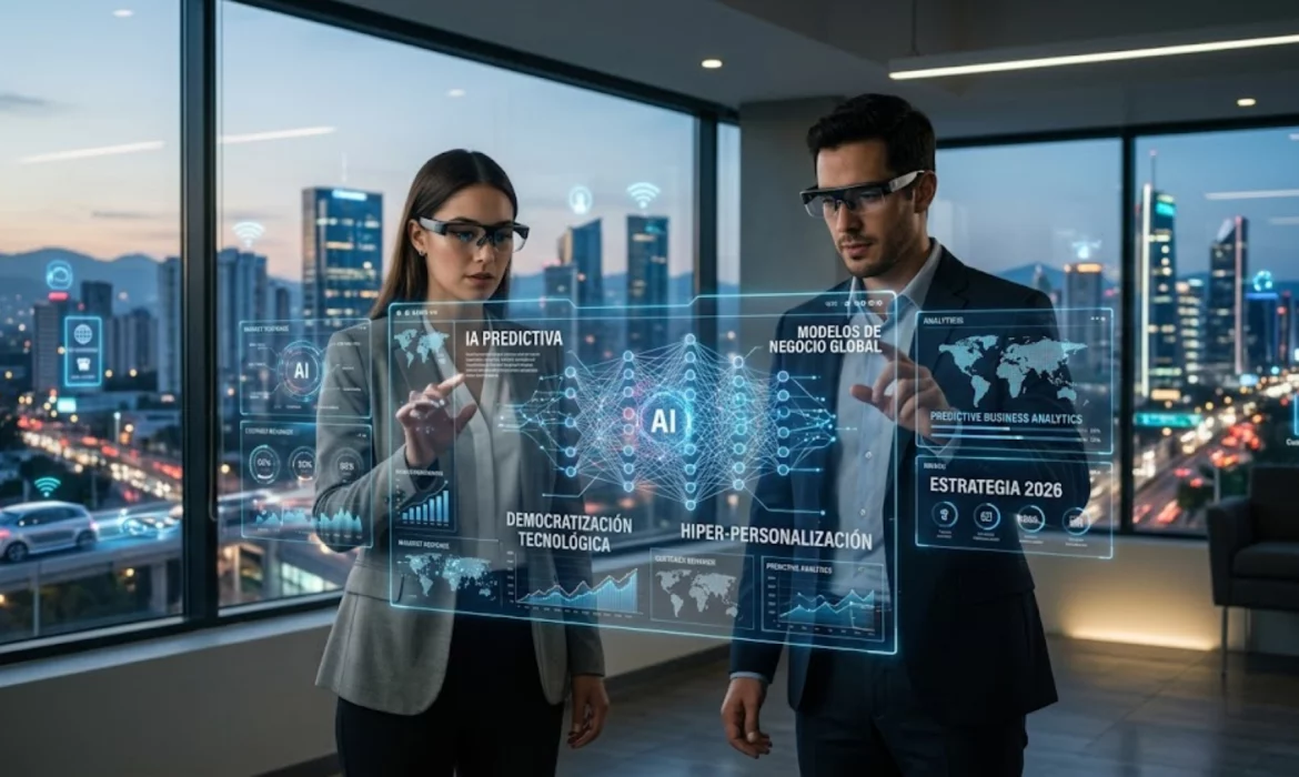 Emprendedor utilizando herramientas de inteligencia artificial avanzada en 2026