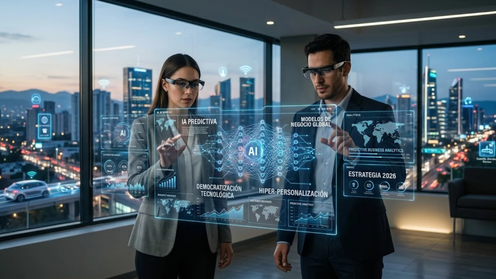 Emprendedor utilizando herramientas de inteligencia artificial avanzada en 2026