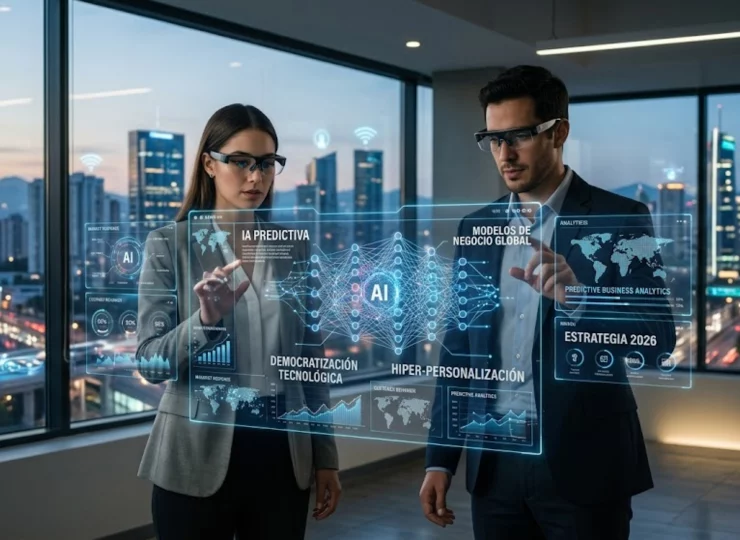 Emprendedor utilizando herramientas de inteligencia artificial avanzada en 2026