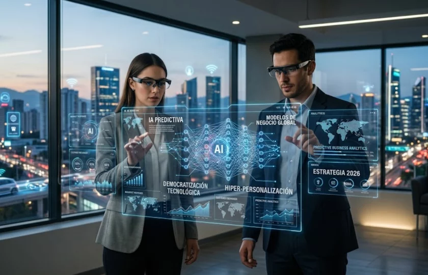 Emprendedor utilizando herramientas de inteligencia artificial avanzada en 2026