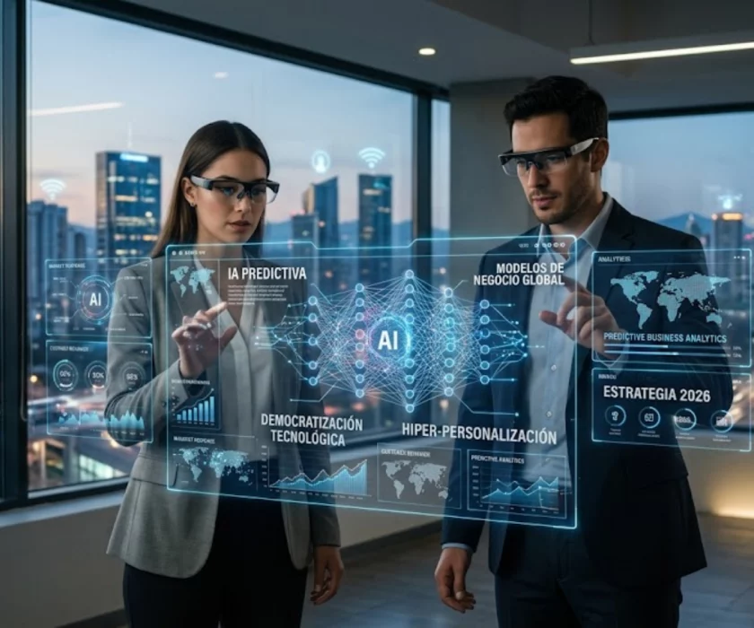 Emprendedor utilizando herramientas de inteligencia artificial avanzada en 2026