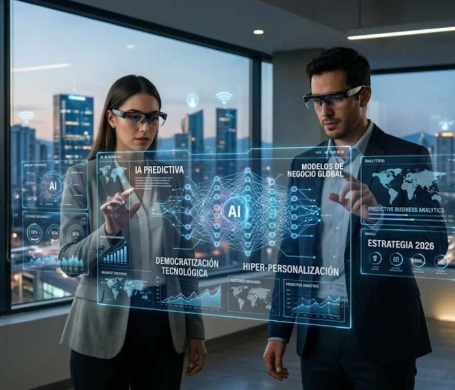 Emprendedor utilizando herramientas de inteligencia artificial avanzada en 2026